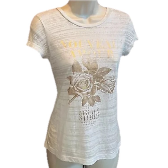 Express New Love graphic print short sleeve pullover top white gold floral small - Picture 1 of 8